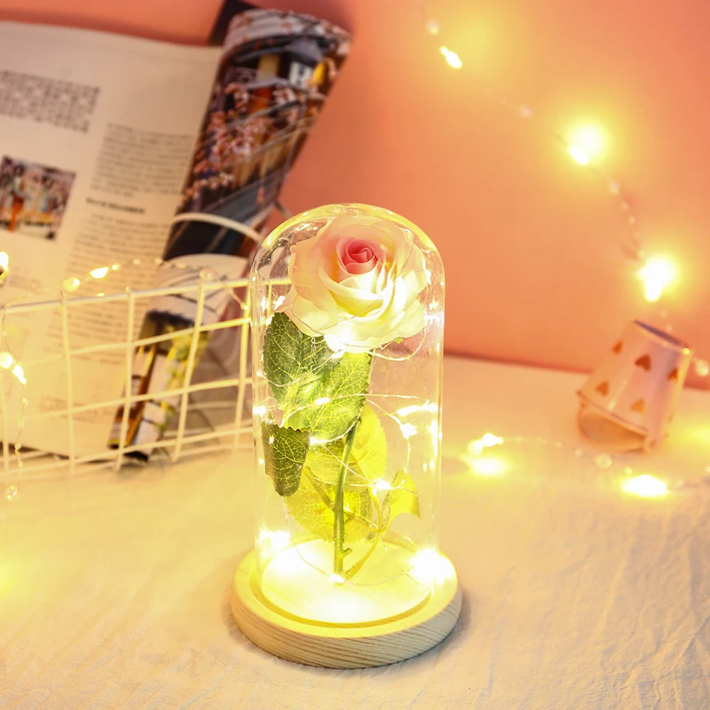 

String Light Beauty And The Beast Eternal Rose In Glass Dome With LED Light Wooden Base Christmas Decoration for home