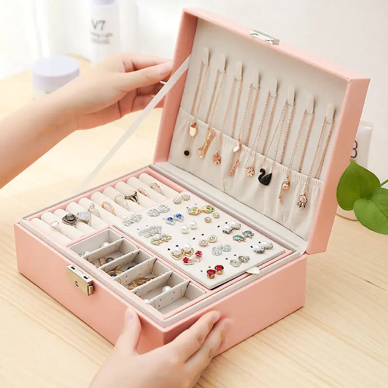 

PU Lock Jewelry Box Jewelry Display Stand Princess European Style Jewelry Storage Box Earrings Desktop Simple Double Storage Box