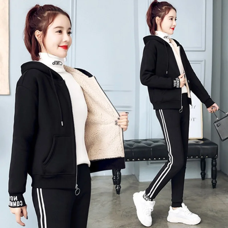 2019 Winter Thick Fleece Women Sport Suit Tracksuit Stripe Print Warm Hoodie Jacket+pants Jogger Outfit Running Set Sportswear | Спорт и