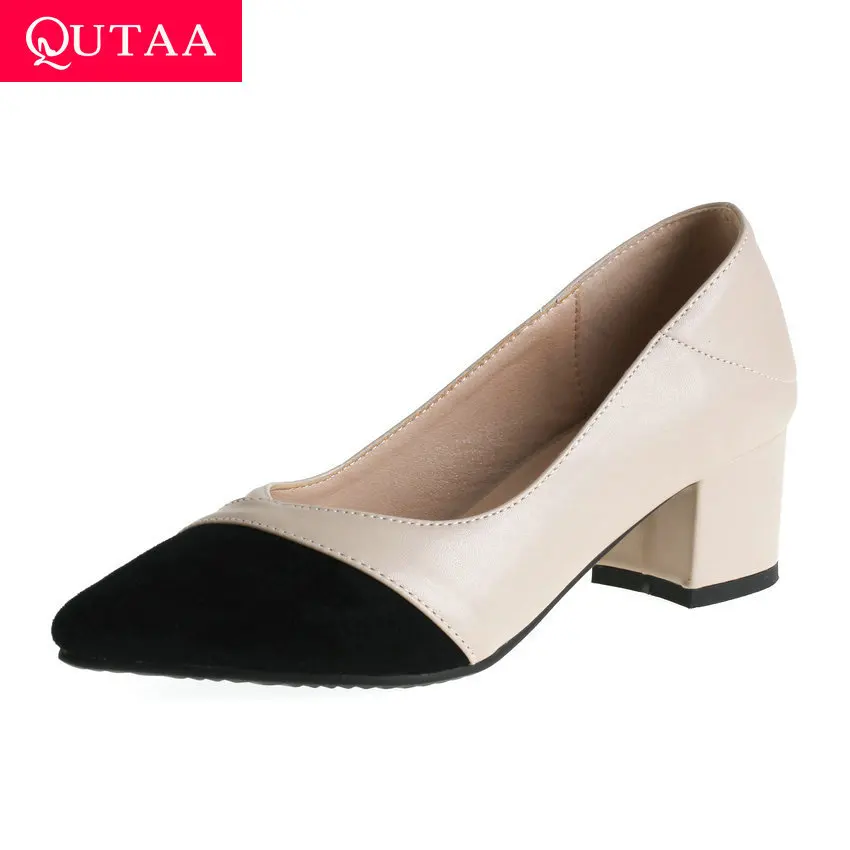 

QUTAA 2020 Patchwork PU Leather Flock Square Heel All Match Women Shoes Spring Autumn Pointed Toe Slip on Ladies Pumps Size34-43