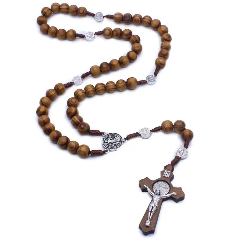 Fashion Handmade Round Bead Catholic Rosary Cross Religious Wood Beads Men Necklace Charm Gift E7CB
