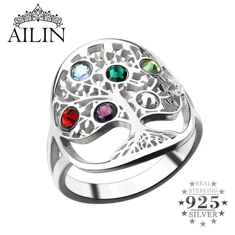 

AILIN 925 Sterling Silver Family Tree Personalized 1-6 Birthstone Ring Women Custom Mother Grandma Christmas Day Gifts Jewelry