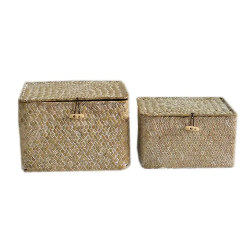 2Pcs Handmade Seaweed Woven Storage Box Dirty Clothes Flower Rattan Finishing Cosmetics Books Sundry Storage Basket with Lid