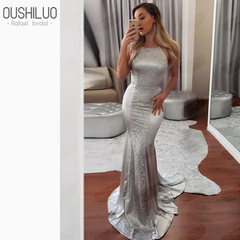 

Criss Cross Back Silver Mermaid Evening Dress Backless 2020 Halter Neck Unique Formal Pageant Dress With Shiny Tulle Sweep Train