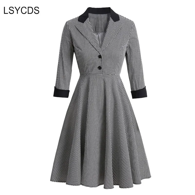 

LSYCDS 2022 New Autumn Vintage Women Dresses Big Swing Pinup Houndstooth Elegant Notched Collar Female A-Line Retro Dresses