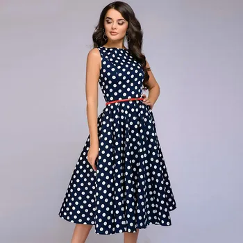 

Dot Printed Sleeveless Vintage Dress For Woman Zip A-Line Long Dress O-Neck Elegant Summer High Waist Dresses Elbise #LR3