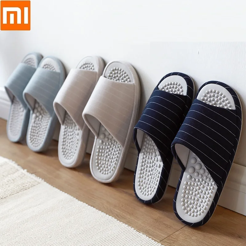 Xioami New men woman spring autumn classic striped home soft massage midsole open cotton slippers Keep warm flip flop