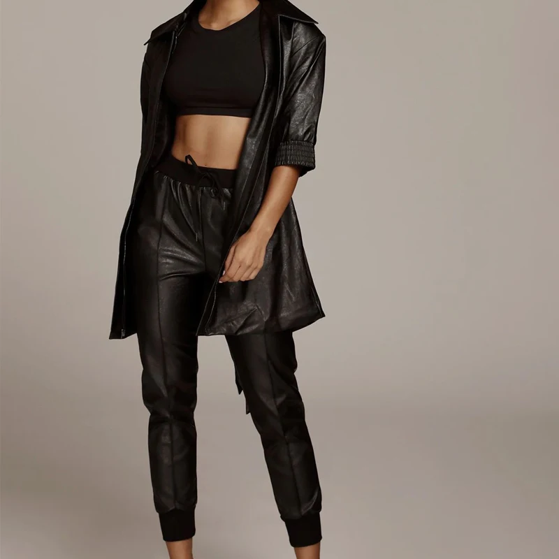 

Women Winter Faux Leather Pants Drawstring Trousers Slim Khaki Black High Waist 2020 Fashion Cargo Pant Leisure Capris