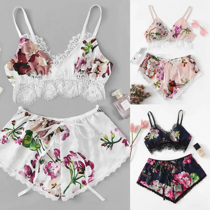 

Hot Elegant Lady Pajama Sets Casual Bandage Underwear Lace Print Lingerie Sleepwear Women Sexy V Neck Floral Babydoll Plus Size