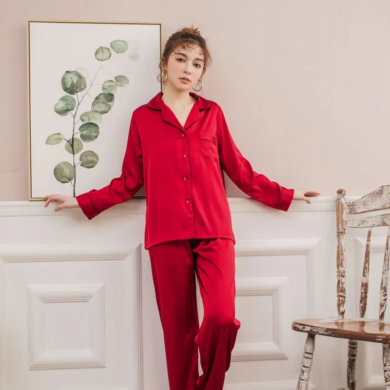 

Yan gui Beam Women's Spring And Autumn Imitated Silk Fabric Cardigan Pajamas Suit Long Sleeve Solid Color Silk Quality Home Wear
