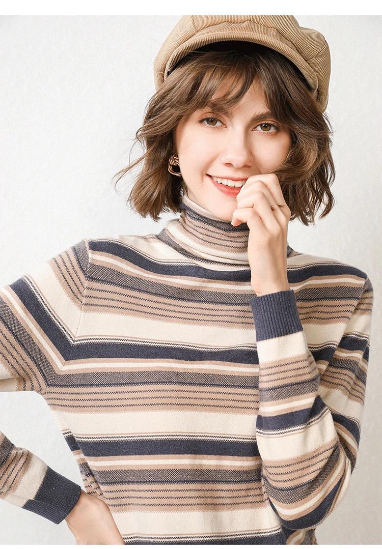 

fall 2020 women cashmere rainbow knitted pile collar loose pullover striped base sweatshirts
