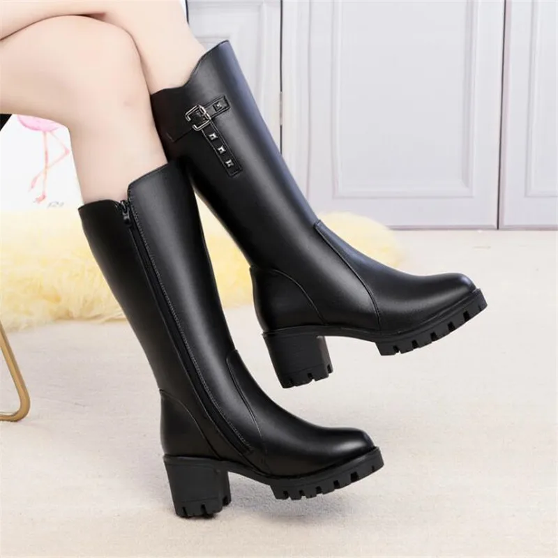 Новые зимние рыцарские сапоги больших размеров женские ботинки нескользящая обувь на высоком каблуке женские плюшевые шерстяные сапоги зимние сапоги обувь из натуральной кожи
