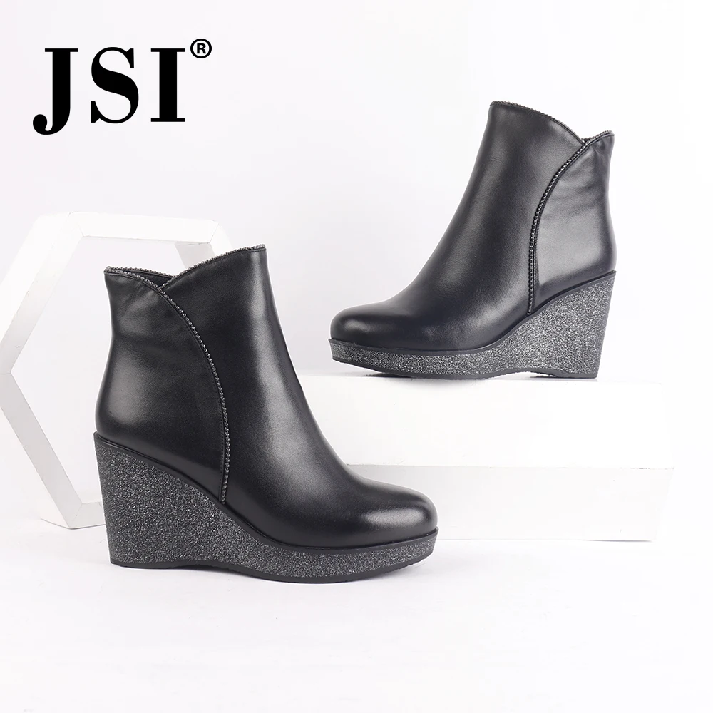 JSI/женские ботинки; Зимние ботильоны с круглым носком на молнии; женская обувь из натуральной кожи; однотонные классические женские ботинки на танкетке на очень высоком каблуке; jc497