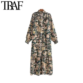 

TRAF Women Vintage Elegant Floral Print Maxi Dress Fashion High Collar Long Sleeve Loose Female Dresses Casual Vestidos Mujer