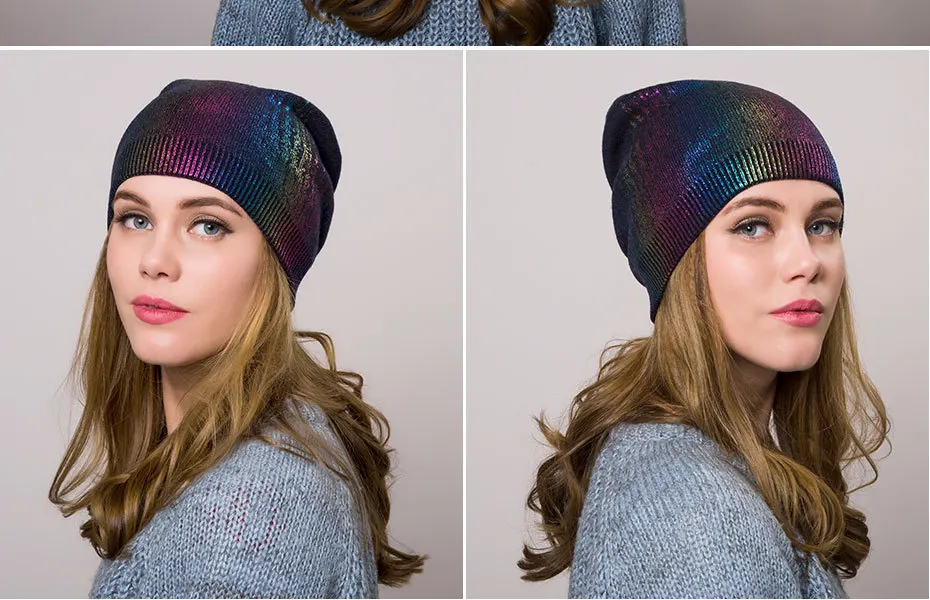 Новинка, Bronzing Beanie для женщин, повседневные кашемировые, цвета металлик, громоздкие шапочки для дам, женская шапка с принтом, зимняя, Прямая поставка