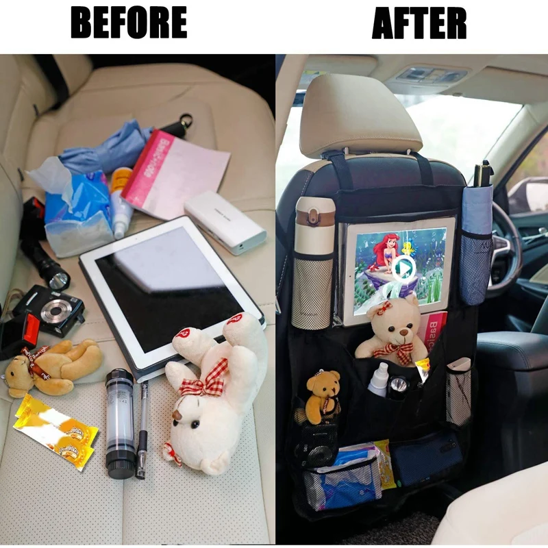 Стойка для хранения на заднем сиденье автомобиля, держатель для экрана планшета, компьютера, бумажная коробка для полотенец, сумка для книг, многофункциональная сумка для хранения(2 шт. в упаковке), черный цвет
