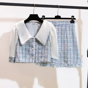 

2020 New Summer sweet Sequins Tweed Suit Set Women's Single Breasted Short Crop Top+ High Waist Tassels Plaid Mini Skirt Suit