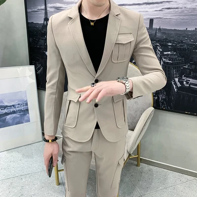 summer men's fashion slim solid color long-sleeved small suit suit tide male hair stylist nightclub handsome groom suit - Цвет: Хаки
