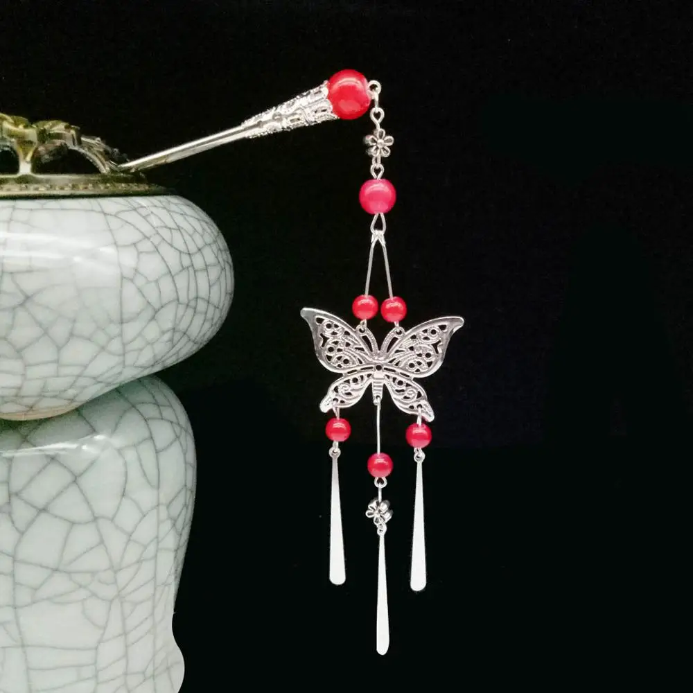 Style2 Red Винтажные Серебряные Китайские Этнические палочки для волос с бабочкой и подвеской в виде цветка для женщин, свадебные украшения для волос, аксессуары для свадебной вечеринки - Окраска металла: Style2 Red