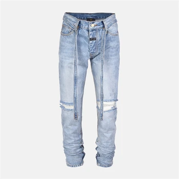 

Vintage Blue/Grey Belted Jeans Kanye West Ankle zips Denim Pants Button Fly