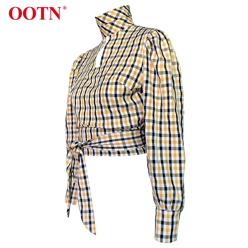 Женская клетчатая блузка с открытой спиной OOTN Элегантная водолазка длинным