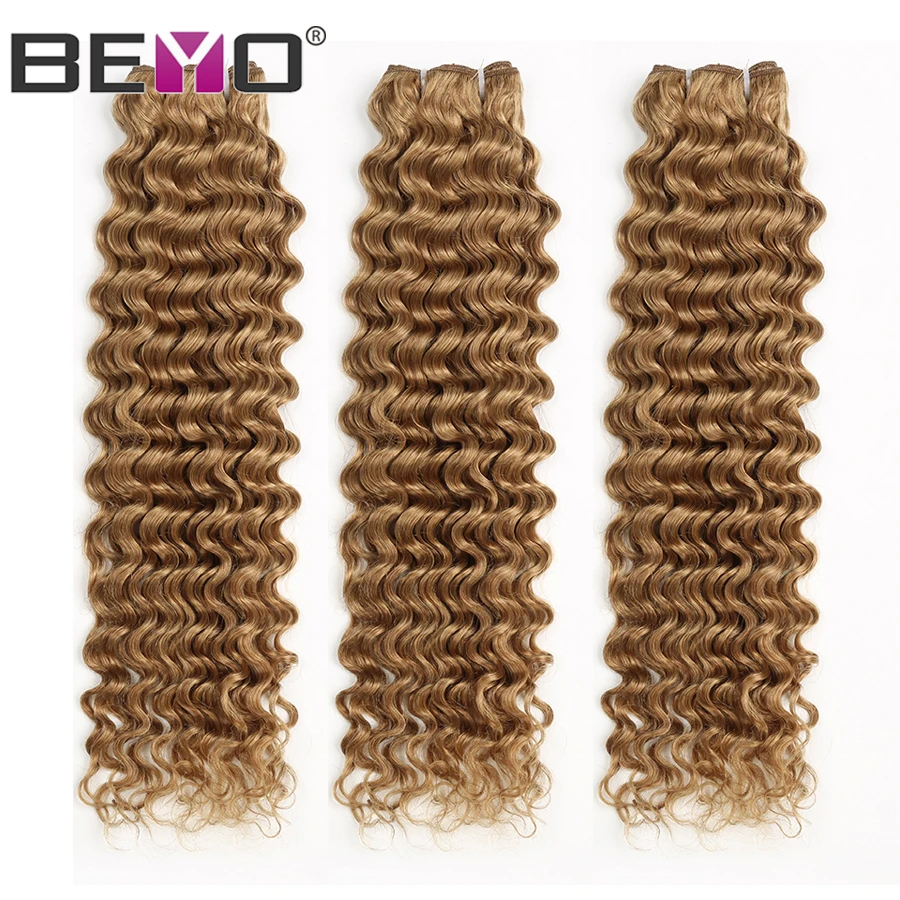 

Beyo Hair Color #27 Deep Wave Brazilian Hair Weave Bundles Honey Blonde Human Hair Extension 3 Or 4 Bundle Deals Non Remy Hair