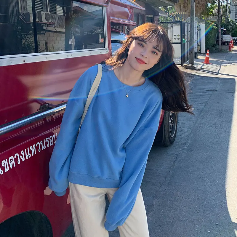 

Women's Sweatshirts Round Neck Tops Korean Ins Basic Fleece Loose Solid Color Ulzzang Ladies Kawaii Cute Hoodies For Female