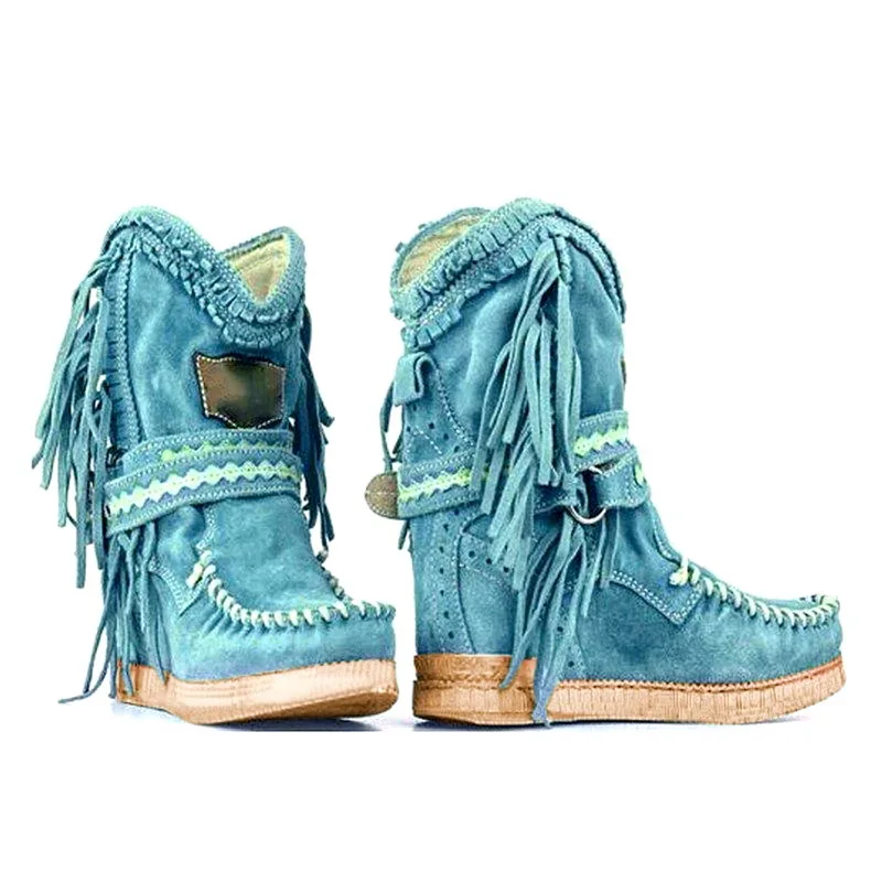 Fringe Middle Boots Women Sexy Tassel Boots Fashion Buckle Motorcycle Boots Flat Heel Boot Women Cowboy Style Bota Feminina