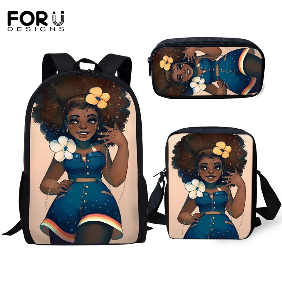 

FORUDESIGNS Primary School Kids Backpacks African Girls Prints Pattern School Bags Afro Arts Designer Students 3PC/Set Book Bags