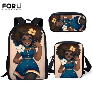 

FORUDESIGNS Primary School Kids Backpacks African Girls Prints Pattern School Bags Afro Arts Designer Students 3PC/Set Book Bags