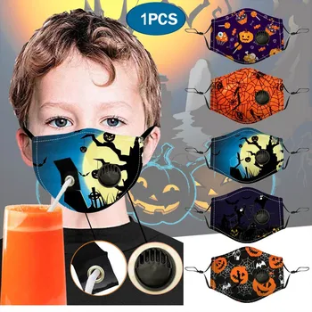 

1pc Halloween Kids Print Mascarillas Mask Drinking Face Mask With Hole For Straw And Breather Respirator Masque Tissu Tapabocas