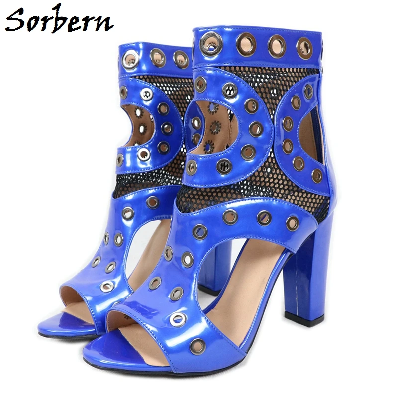 Sorbern Blue Patent Block Heel Sandals Ankle High Mesh Metal Circles Hollow Out Back Zipper High Heel Summer Style Shoe Open Toe