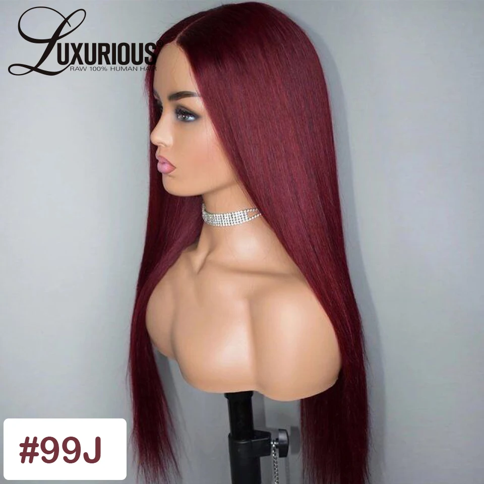 # 99J Длинные прямые 99J цветные человеческие волосы парики 150% перуанские волосы remy 13x4 Омбре парик фронта шнурка предварительно выщипанные для женщин - Цвет: # 99J