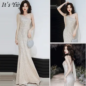 

It's Yiiya Evening Dresses Sequined Solid Plus Size Evening Dress 2019 One Shoulder Mermaid Floor-Length Robe De Soiree K001