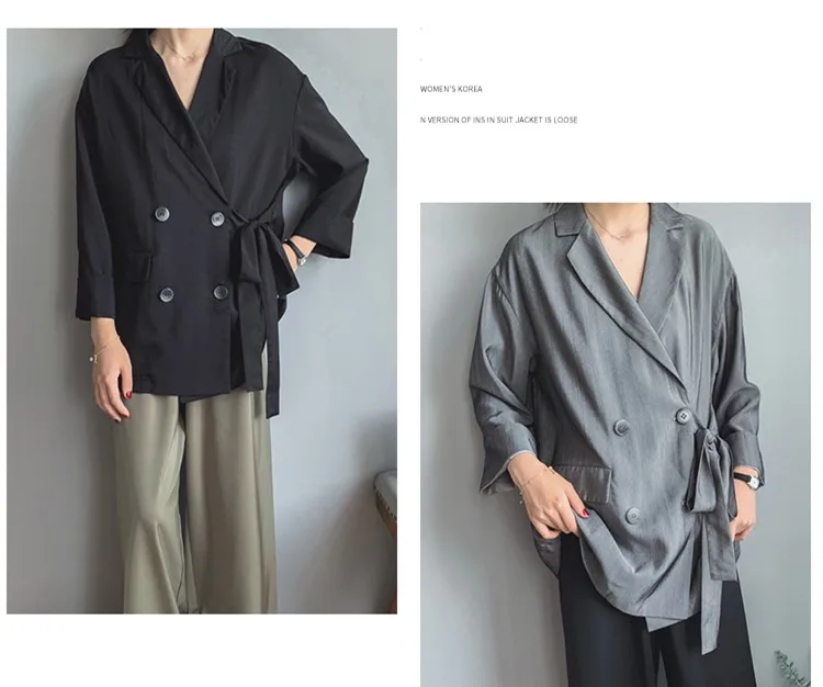 Черные повседневные блейзеры Tencel женские осенние шикарные двубортные свободные рабочие куртки Feminino элегантные свободные пальто офисные женские серые
