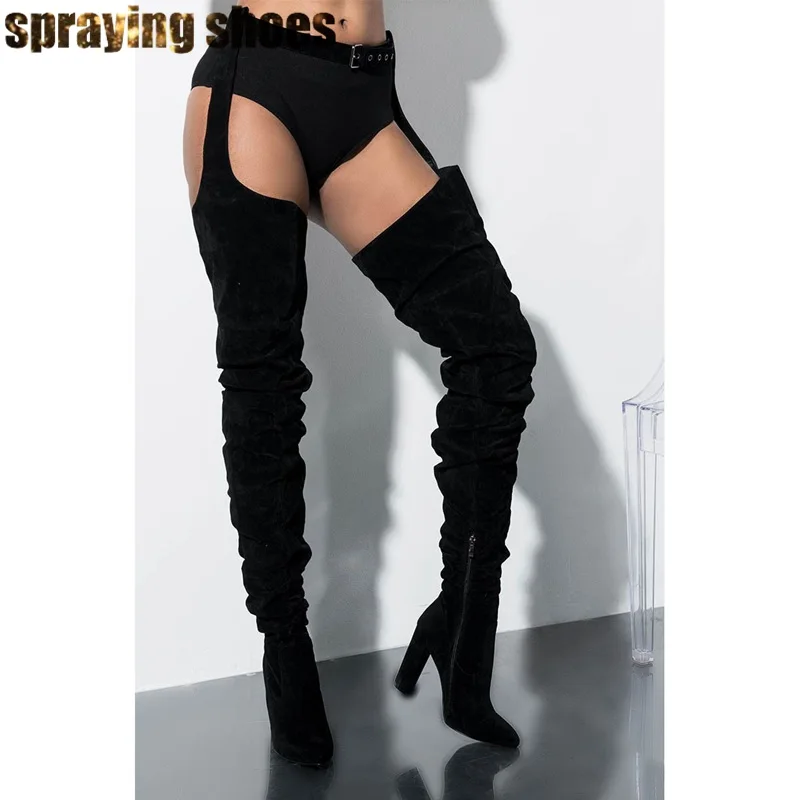 belted thigh high chunky heel chap boot