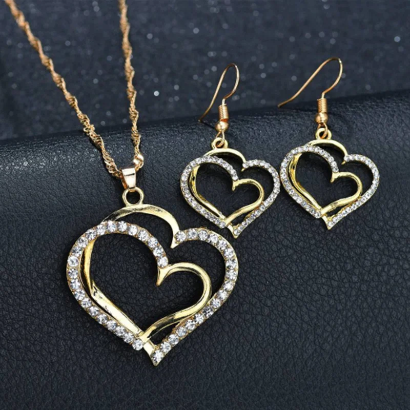 New Fashion Gold And Silver Diamond Double Love Pendant Necklace Earrings Bracelet Sweet And Romantic Ladies Wedding Jewelry Set