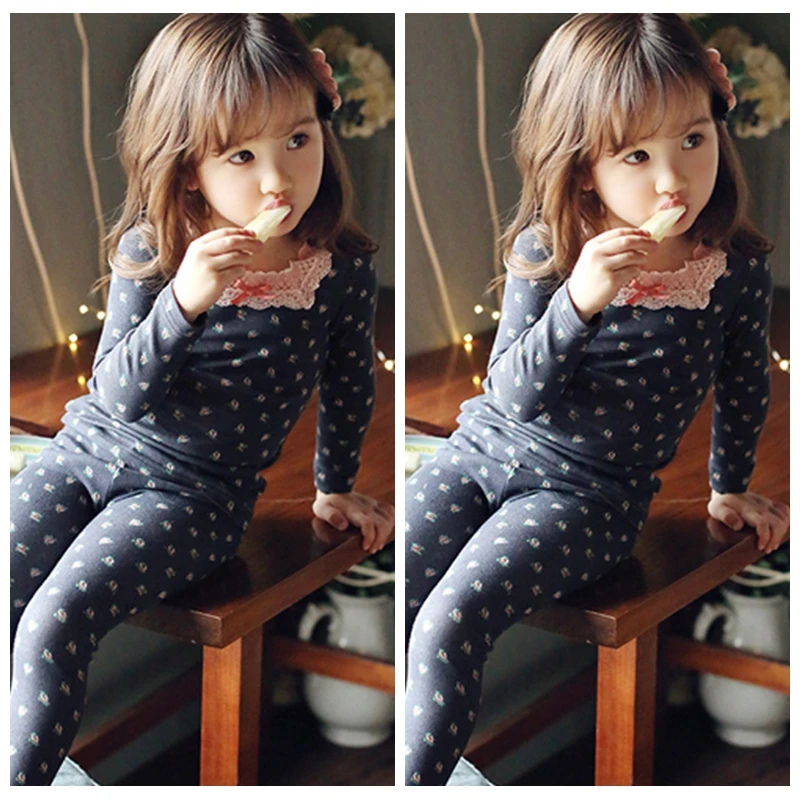

Spring Autumn Baby Girls Pajamas Set 1-8yrs Children Kids Print Lace Sleepwear Lounge Wear Cotton Girls Evening Dress
