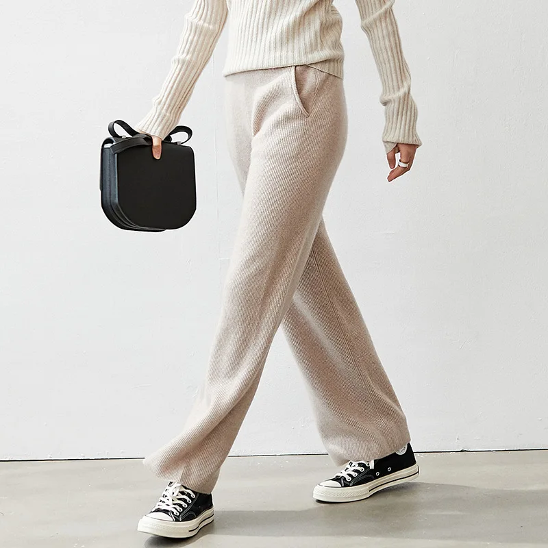 

100% Cashmere Straight Pants Women Casual Style Mid Elastic Waist 4 Colors Full Length Pants Simple Design New Fashion
