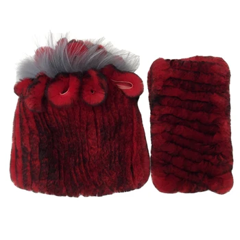 

2020 Knitted Real Rabbit Fur Hats Scarves Set Winter Genuine Natural Fur Cap with Flower Stripes beanies scarf Warm Beanies Snow
