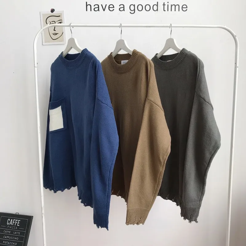 Autumn New Sweater Men Fashion Solid Color Casual Pocket Knit Sweater Man Loose Long-sleeved Pullover Men Sweter Clothes M-2XL
