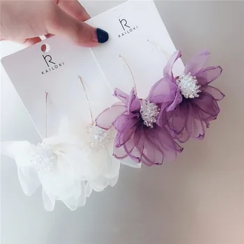 

2019 Fashion Crystal Temperament hyperbole Women Drop earrings Contracted personality lace Flower long earrings