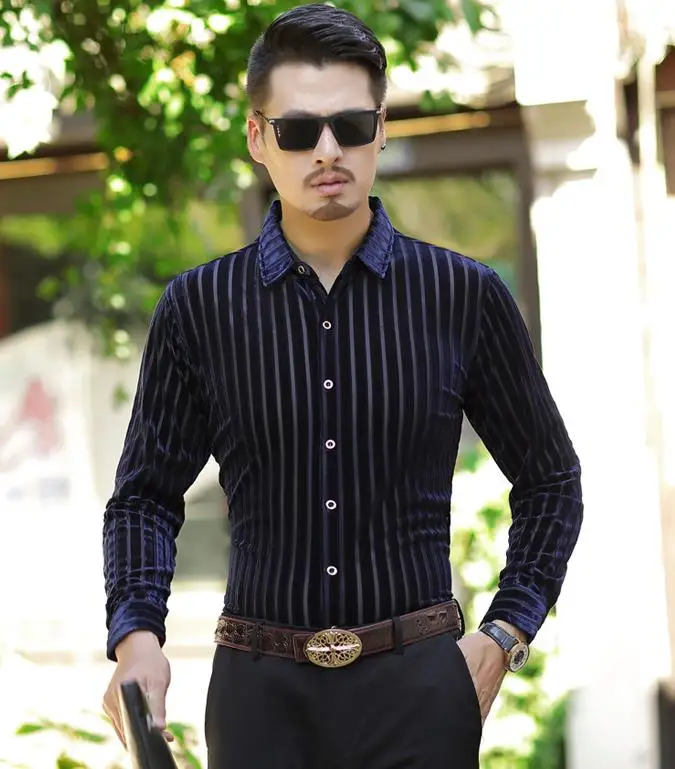 

Silk Mens Transparent Velvet Striped See Through Slim Thin Sexy Dress Shirts Long Sleeve Business Shirt