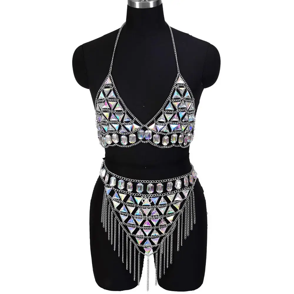 SL0032 Boho 1 комплект, металлическая цепочка, бюстгальтер на бретельках для тела, кристалл, нагрудный ремень, украшение с зажимом, блестки, клетчатый Топ, плюс размер, женская одежда в стиле рейв на Хэллоуин - Окраска металла: SL0032