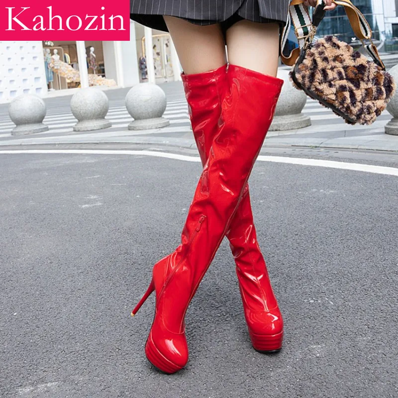 

Kahozin Over The Knee Boots Women Shoes Patent Leather Pointed platform Super High Thin Heels14CM Red WhiteNice Shoes for Women