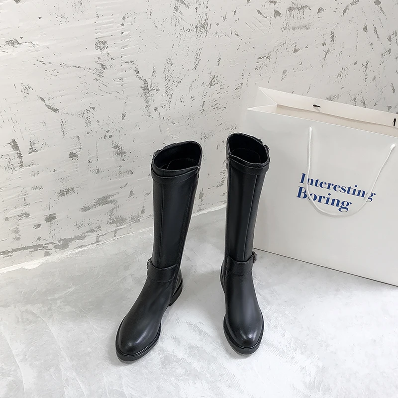 Winter Lady Leather Long Boots Buckle Women Snow Shoes Nubuck Leather Knee High Female Thick Heel Warm Shoes