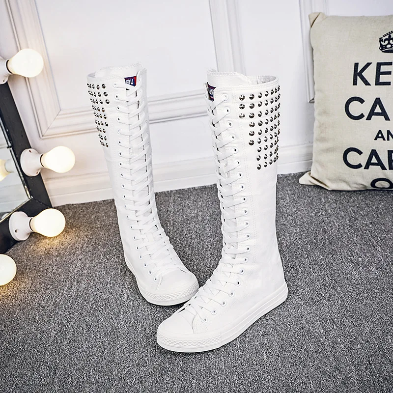 New Spring Autumn Women Shoes Canvas Punk Casual High Top Shoes Long Boots Lace-Up Zipper Comfortable Flat Boots Sneakers