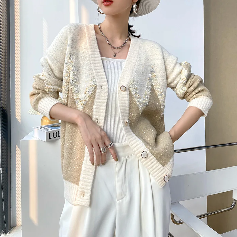 

Autumn Winter Women's Jacket Long Sleeve Cotton Cardigan Knitted Jacket V-neck Loose Contrast Knit Sweater Ladies Trench Coat