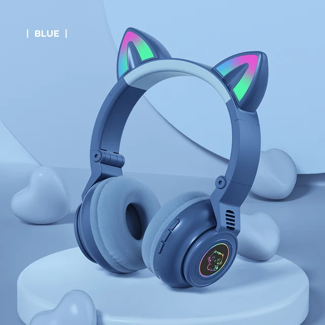 Cute RGB Kitten wireless Headsets Bluetooth 5.0 Bass Noise Cancellation Adult Child Girl Headset Support TF Card Helmet with Mic Blue