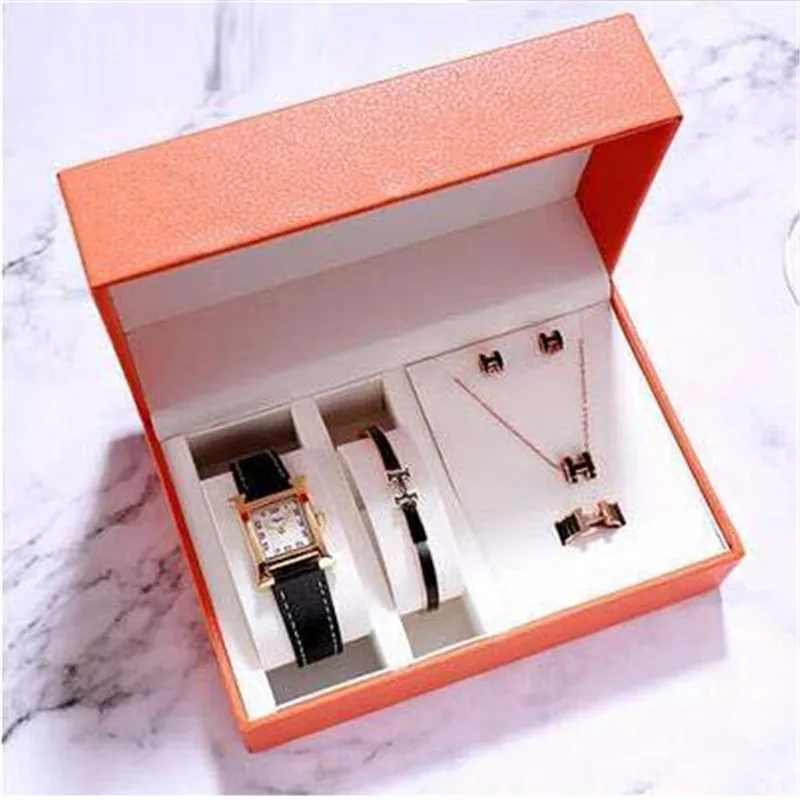 

New Black Leather band white dial watch five piece suit with H style, ring Necklace Watch gift For Women